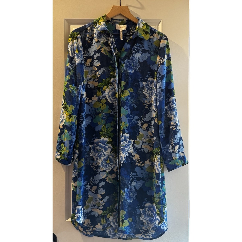 Laundry by Shelli Segal Blue Floral Shirt Dress Size 6 Roll Tab Long Sleeve